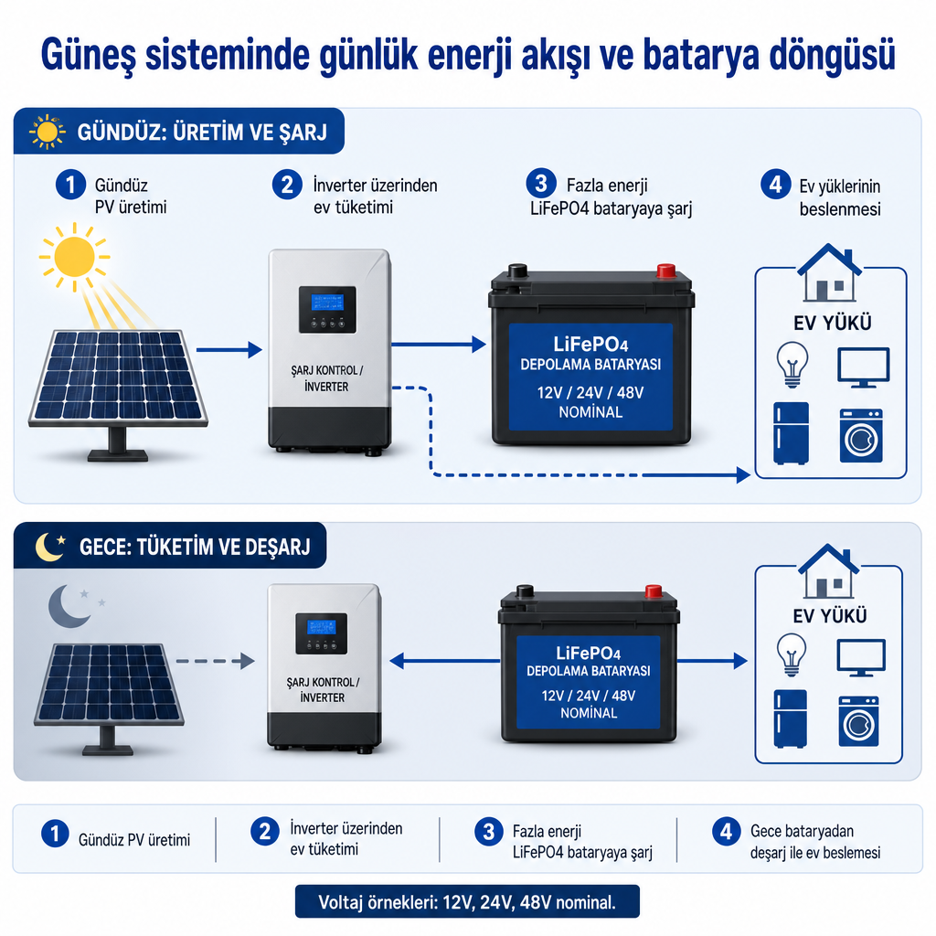 Güneş panelinden bataryaya ve ev yüküne enerji akışını gösteren gündüz-gece döngüsü diyagramı