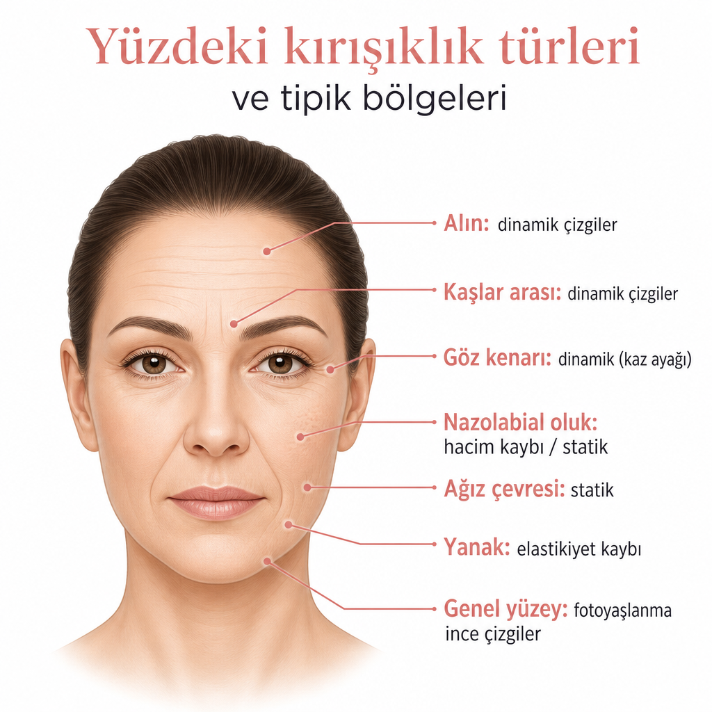 Kadın yüzü üzerinde dinamik, statik, hacim kaybı ve fotoyaşlanma kırışıklıklarının bölgelerini gösteren etiketli şema.