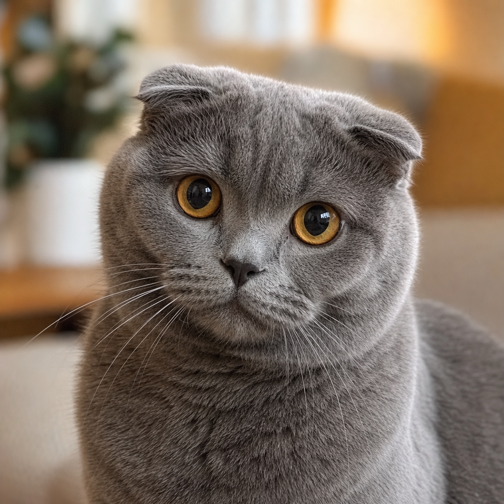 Kıvrık kulaklı, gri tüylü bir Scottish Fold kedisinin yakından çekilmiş portresi