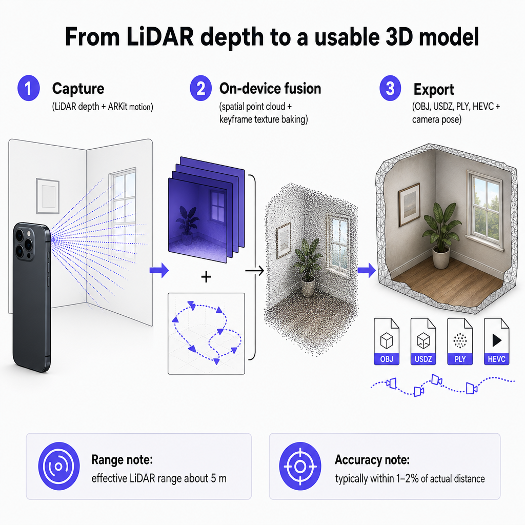 Diagram showing iPhone LiDAR capture flowing into on-device fusion and then export as 3D files