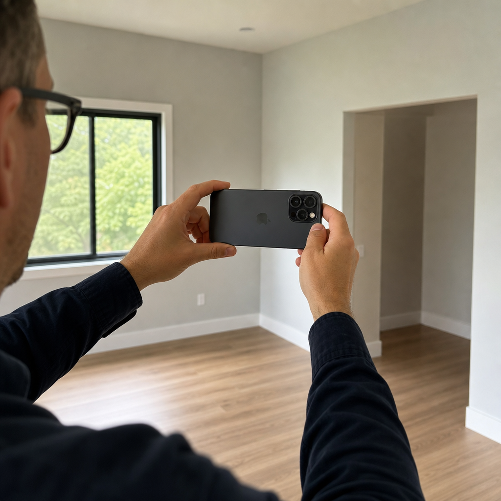 Person scanning an empty interior room with an iPhone held in front of them