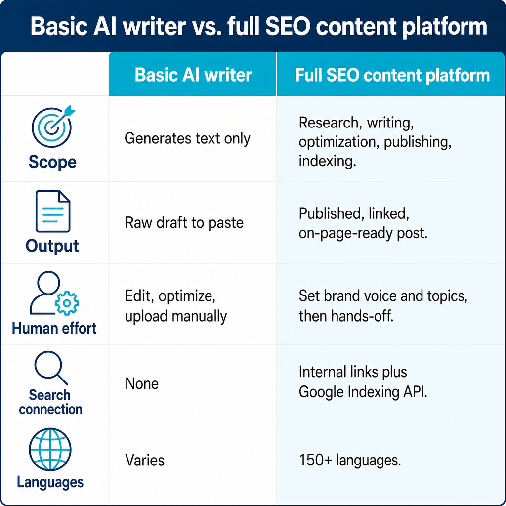 Vergleichstabelle, die einen einfachen KI-Schreiber, der nur Text generiert, einer vollwertigen SEO-Content-Plattform gegenüberstellt, die Recherche, Schreiben, Optimierung, Veröffentlichung und Indexierung übernimmt