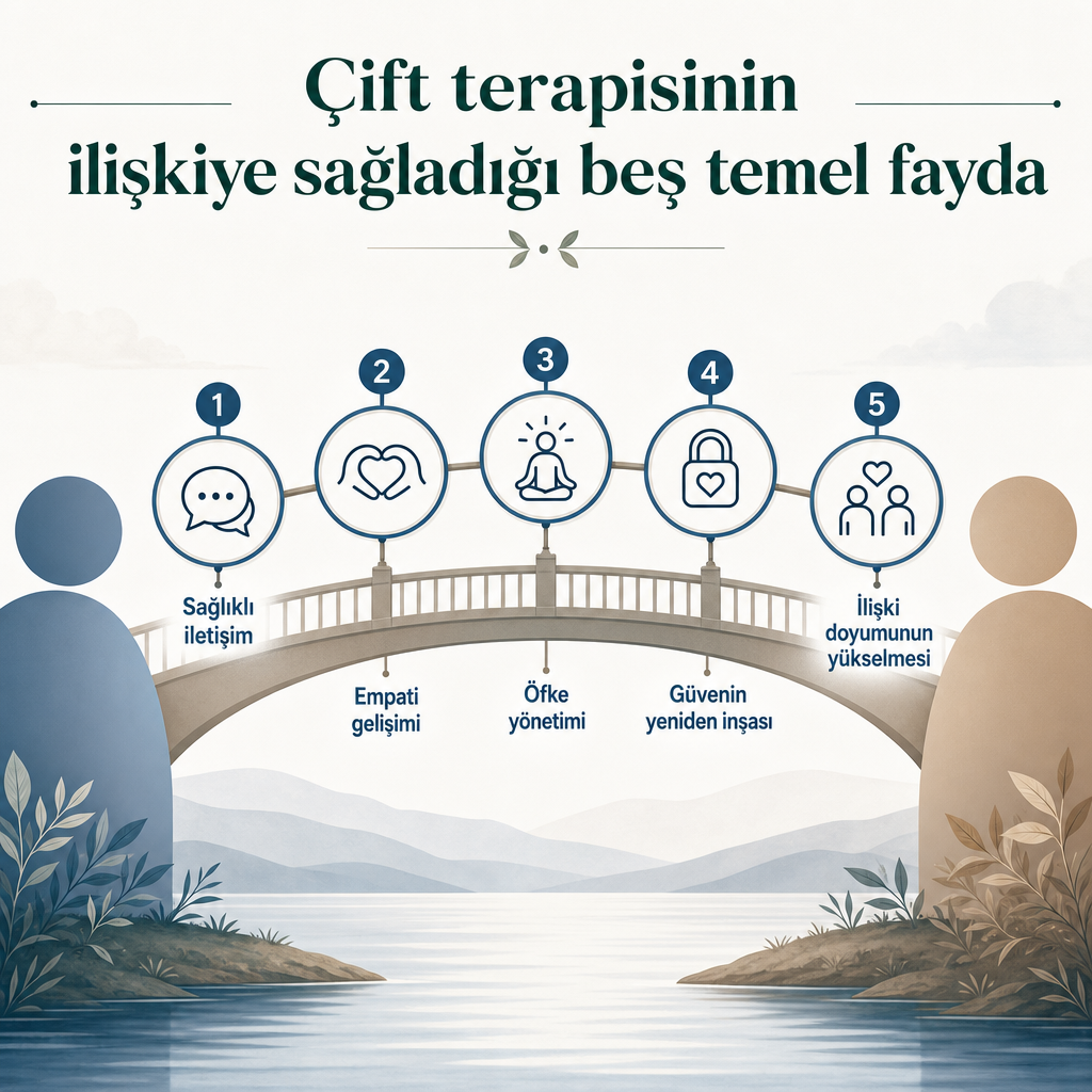 Çift terapisinin sağladığı beş faydayı gösteren infografik: iletişim, empati, öfke yönetimi, güven ve ilişki doyumu.