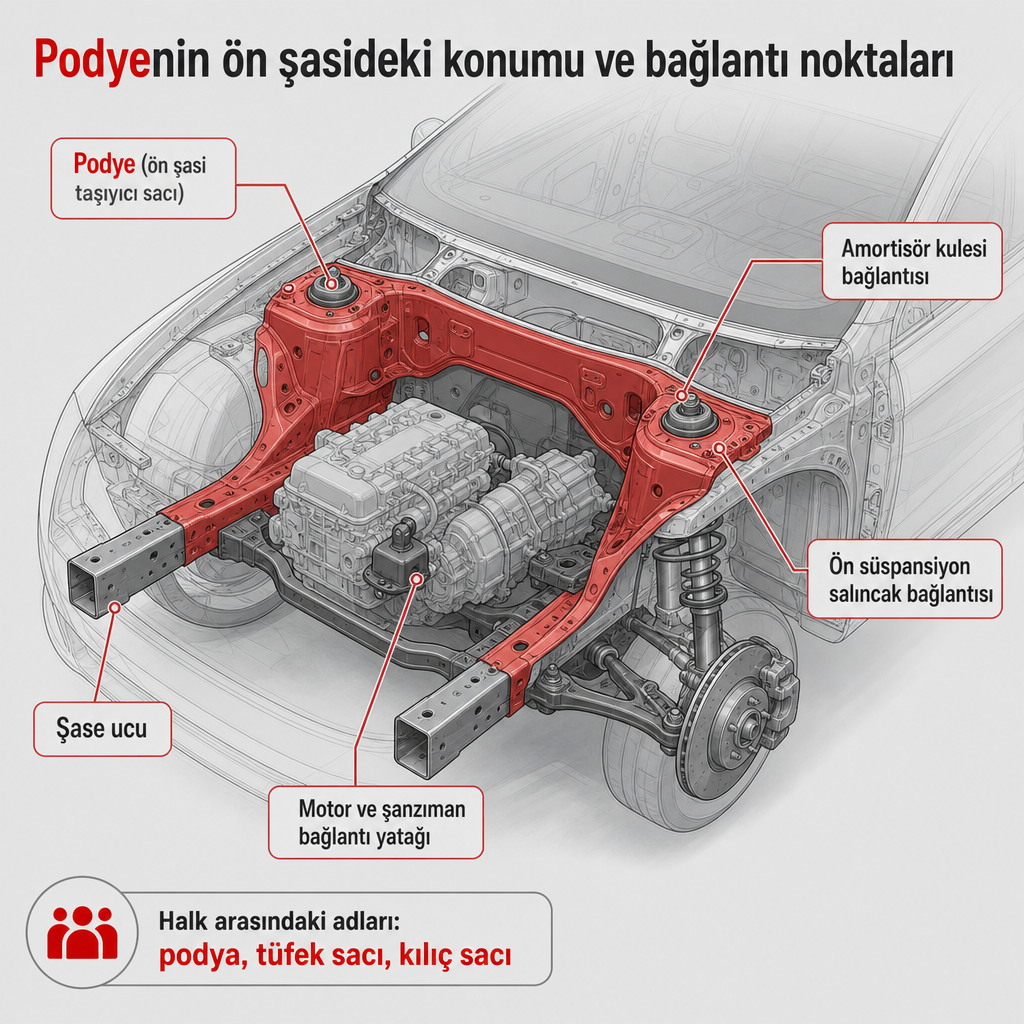 Aracın ön şasisinde podyenin konumunu ve amortisör kulesi, süspansiyon ile motor bağlantı noktalarını gösteren teknik şema