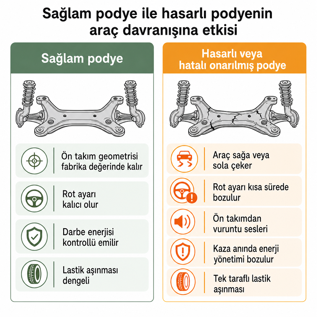 Sağlam podye ile hasarlı podyenin araç davranışı üzerindeki etkilerini karşılaştıran iki kolonlu görsel