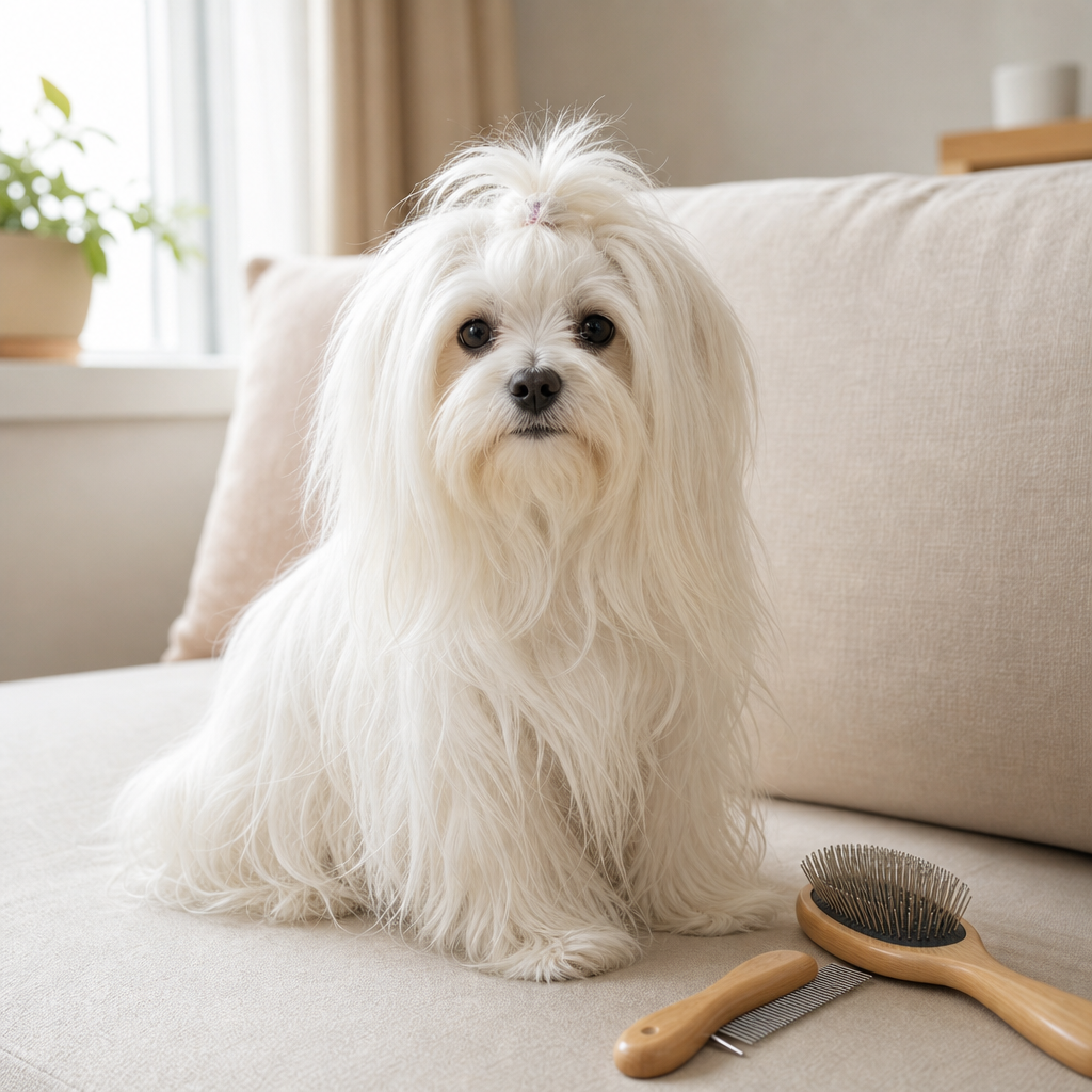 Salonda kanepede oturan uzun beyaz tüylü küçük köpek ve yanındaki tarama fırçası
