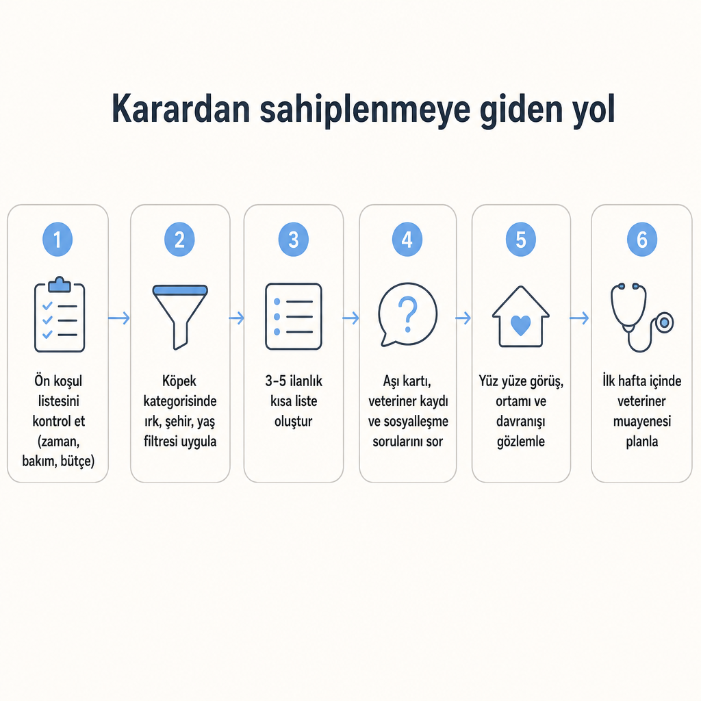 Ön koşul kontrolünden ilk veteriner muayenesine uzanan altı adımlı sahiplenme süreci diyagramı