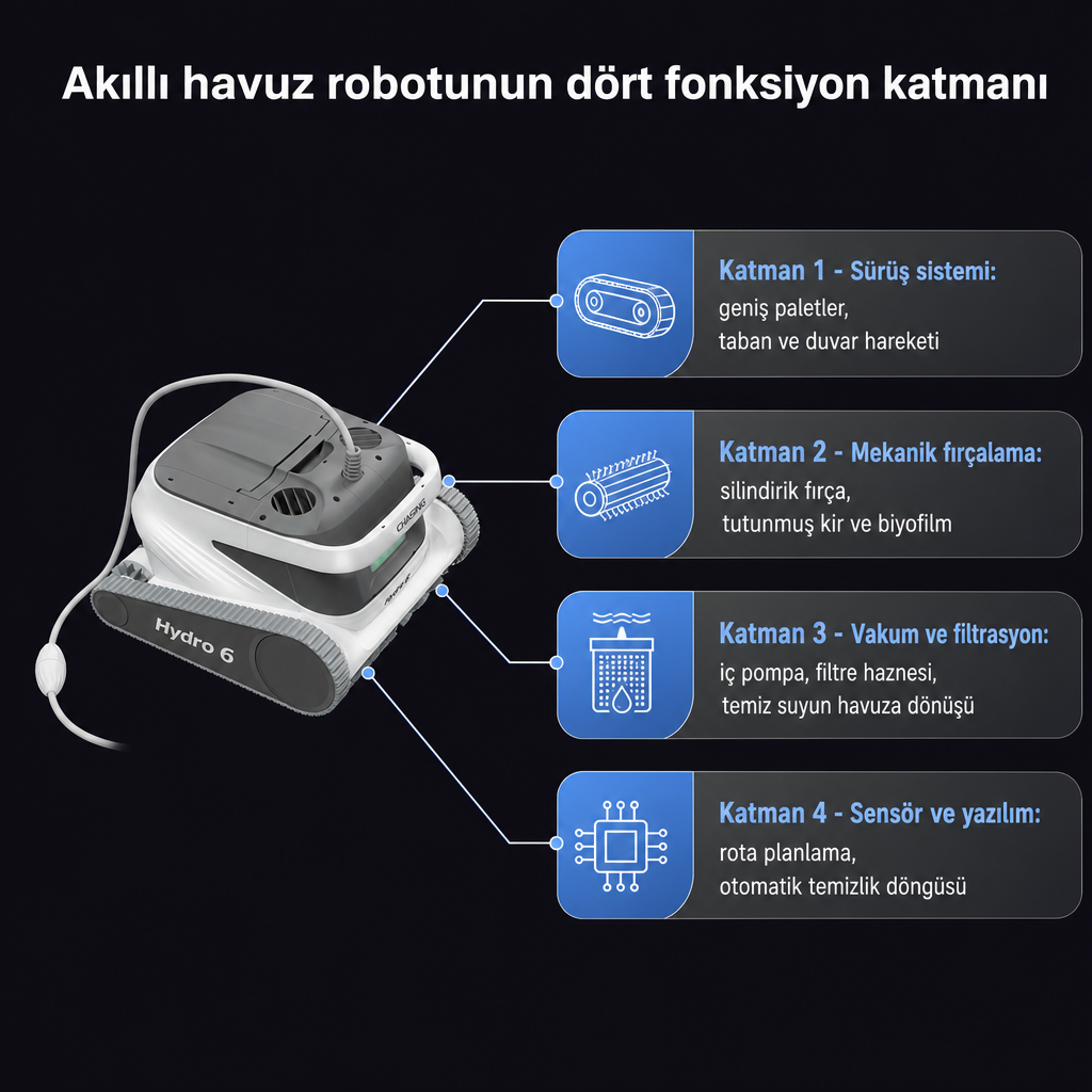 Havuz robotunun sürüş, fırçalama, filtrasyon ve sensör-yazılım katmanlarını gösteren şema