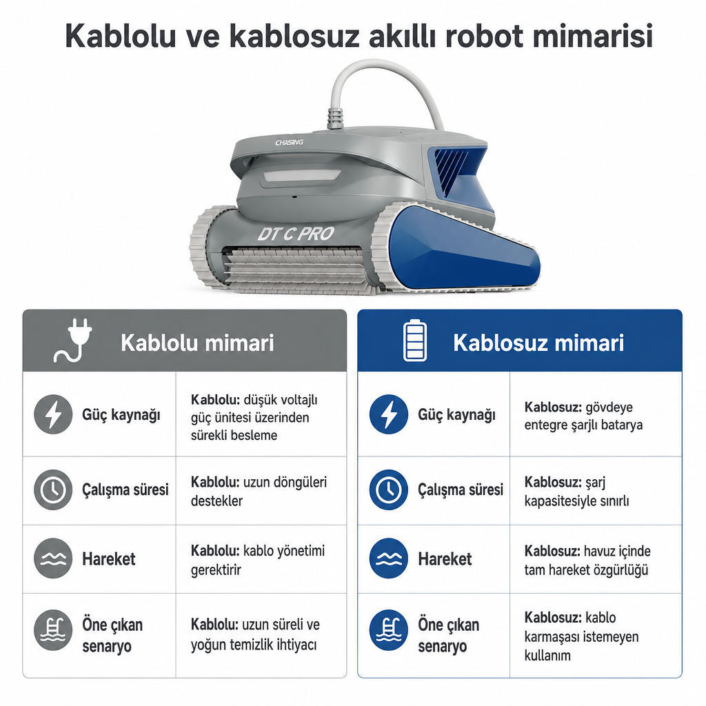 Kablolu ve kablosuz havuz robotu mimarilerini güç kaynağı, çalışma süresi, hareket ve kullanım senaryosu başlıklarında karşılaştıran görsel