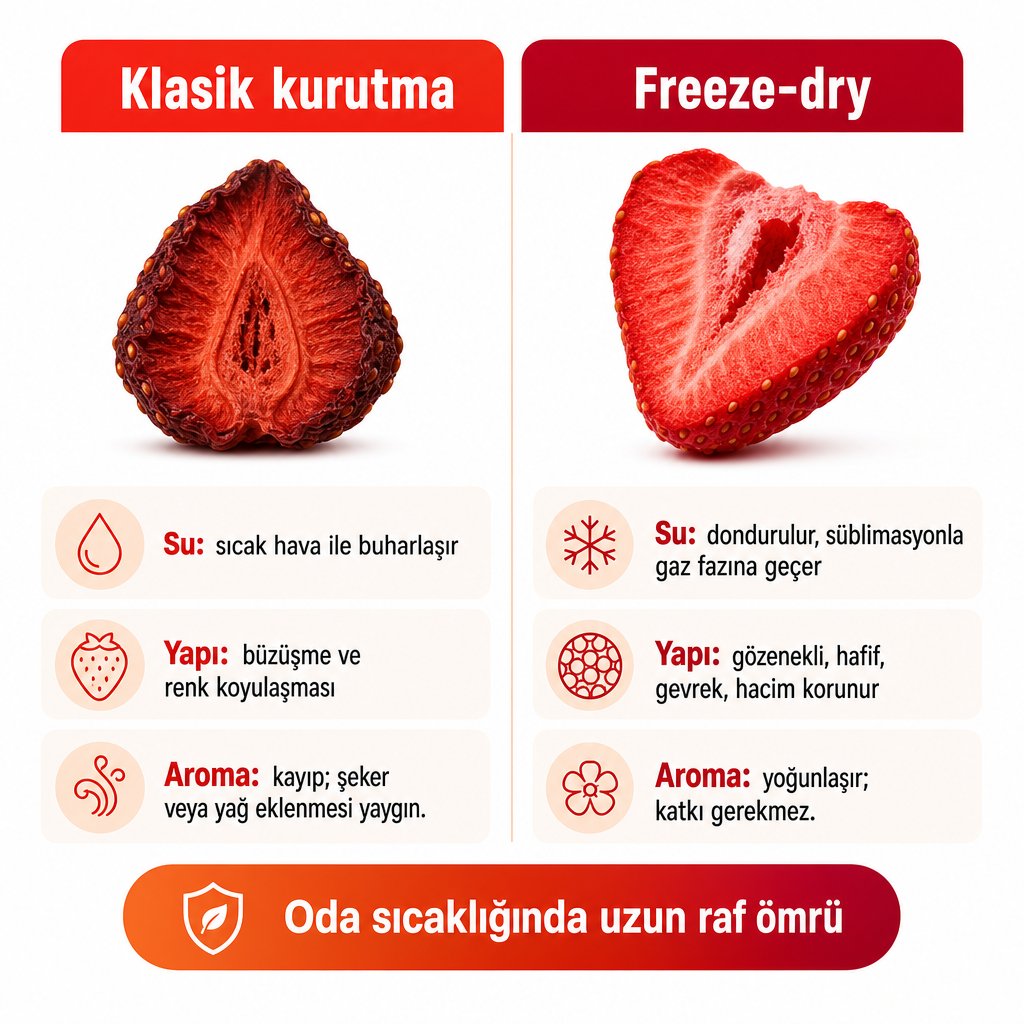 Klasik kurutma ile freeze-dry yöntemini su kaybı, doku ve aroma açısından karşılaştıran iki sütunlu diyagram.