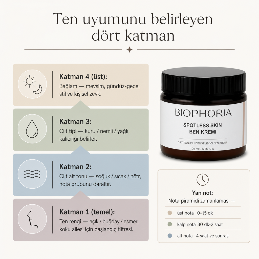 Ten rengi, cilt alt tonu, cilt tipi ve kullanım bağlamını dört katman halinde gösteren kavramsal şema