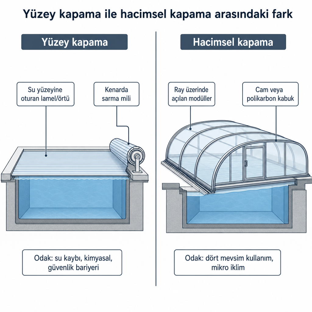 Havuz kesiti üzerinde yüzey kapama ve hacimsel kapama yaklaşımlarını karşılaştıran iki bölmeli kavramsal diyagram.