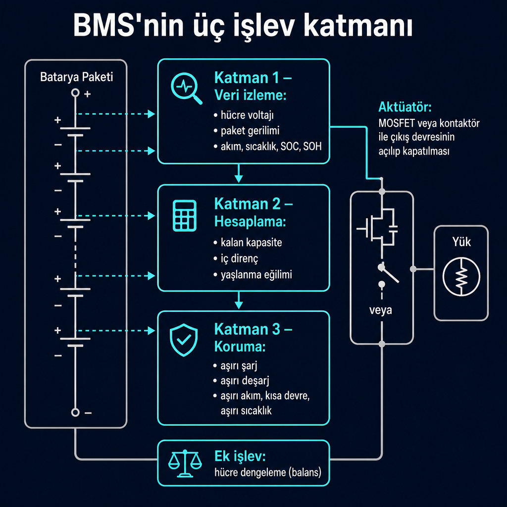 Batarya yönetim sisteminin veri izleme, hesaplama ve koruma katmanlarını hücre paketi ile yük arasında gösteren diyagram.