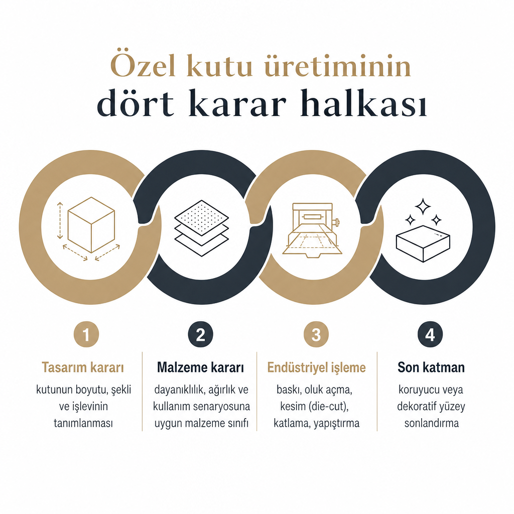 Özel kutu üretimini oluşturan dört karar halkasını gösteren kavramsal diyagram: tasarım, malzeme, endüstriyel işleme ve yüzey sonlandırma.