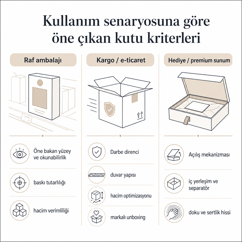 Raf, kargo ve hediye senaryolarında öne çıkan özel kutu kriterlerini karşılaştıran üç sütunlu kavramsal görsel.