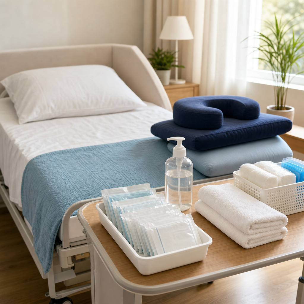 Chambre de patient ordonnée et lumineuse avec des matériaux stériles fermés et des oreillers de positionnement au bord du lit