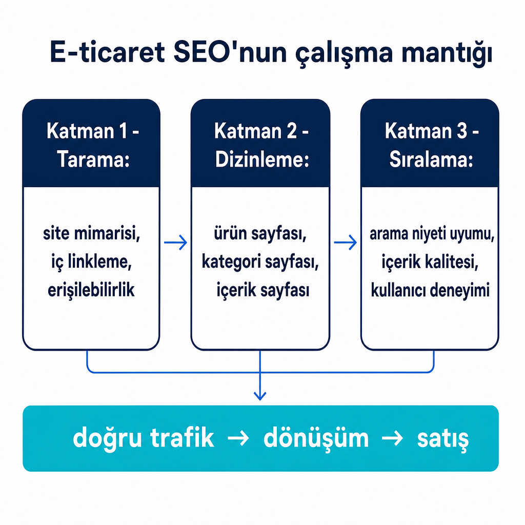 E-ticaret SEO'nun tarama, dizinleme ve sıralama katmanlarını satışa bağlayan kavramsal diyagram