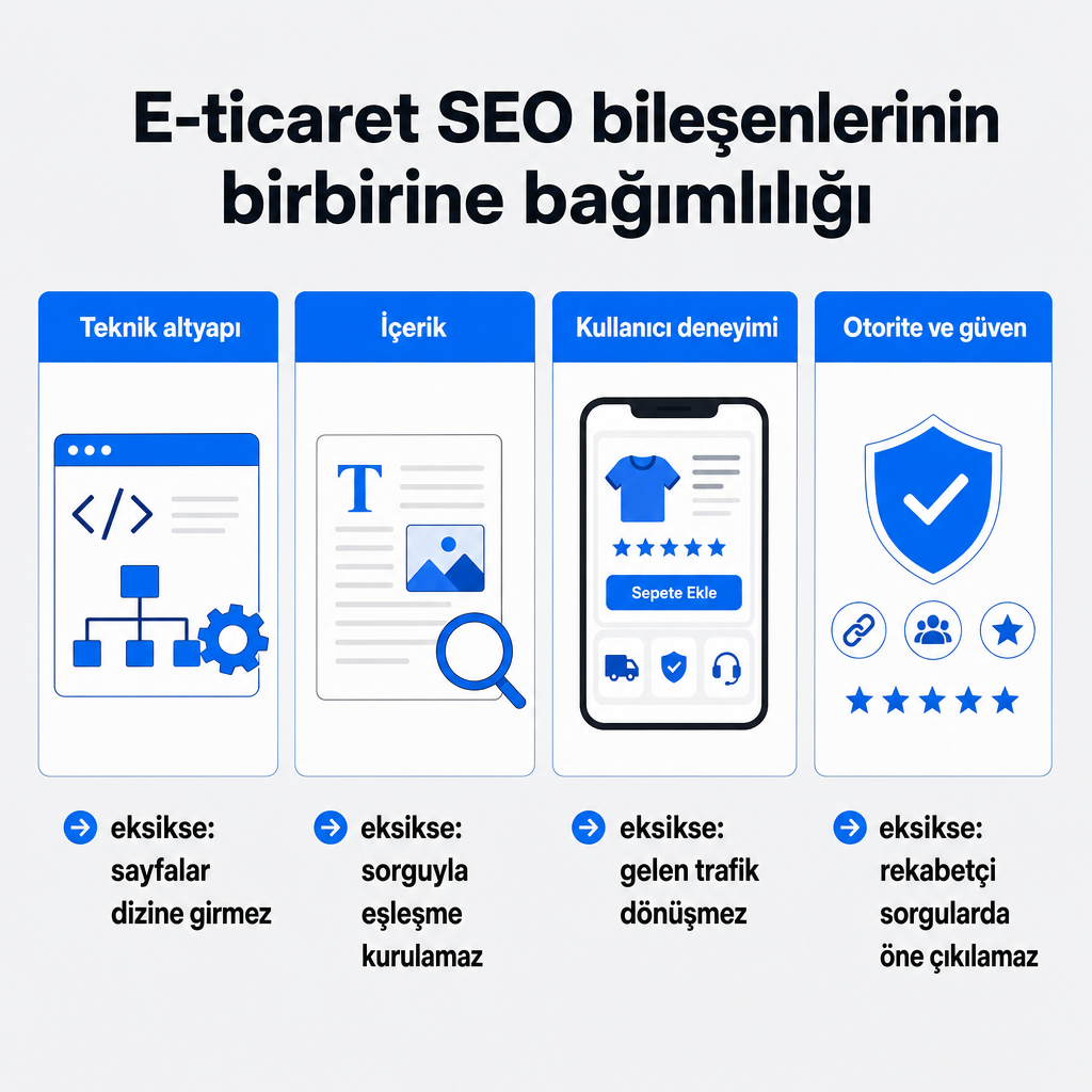 E-ticaret SEO'nun dört bileşeni ve her birinin eksikliğinde ortaya çıkan sonucu gösteren karşılaştırma görseli