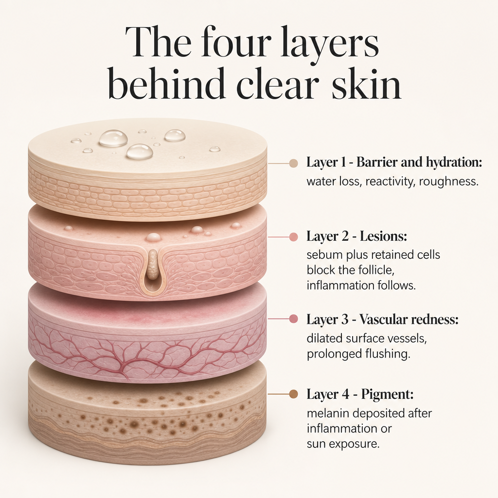 Diagram of four layers behind clear skin: barrier and hydration, lesions, vascular redness, and pigment