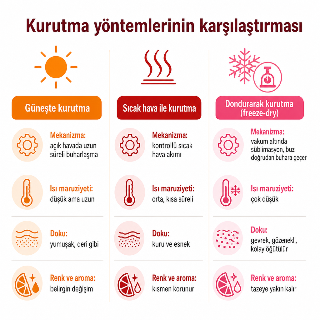 Güneşte kurutma, sıcak hava ile kurutma ve dondurarak kurutma yöntemlerinin mekanizma, ısı maruziyeti, doku ile renk-aroma başlıklarında karşılaştırıldığı üç sütunlu bilgi grafiği.