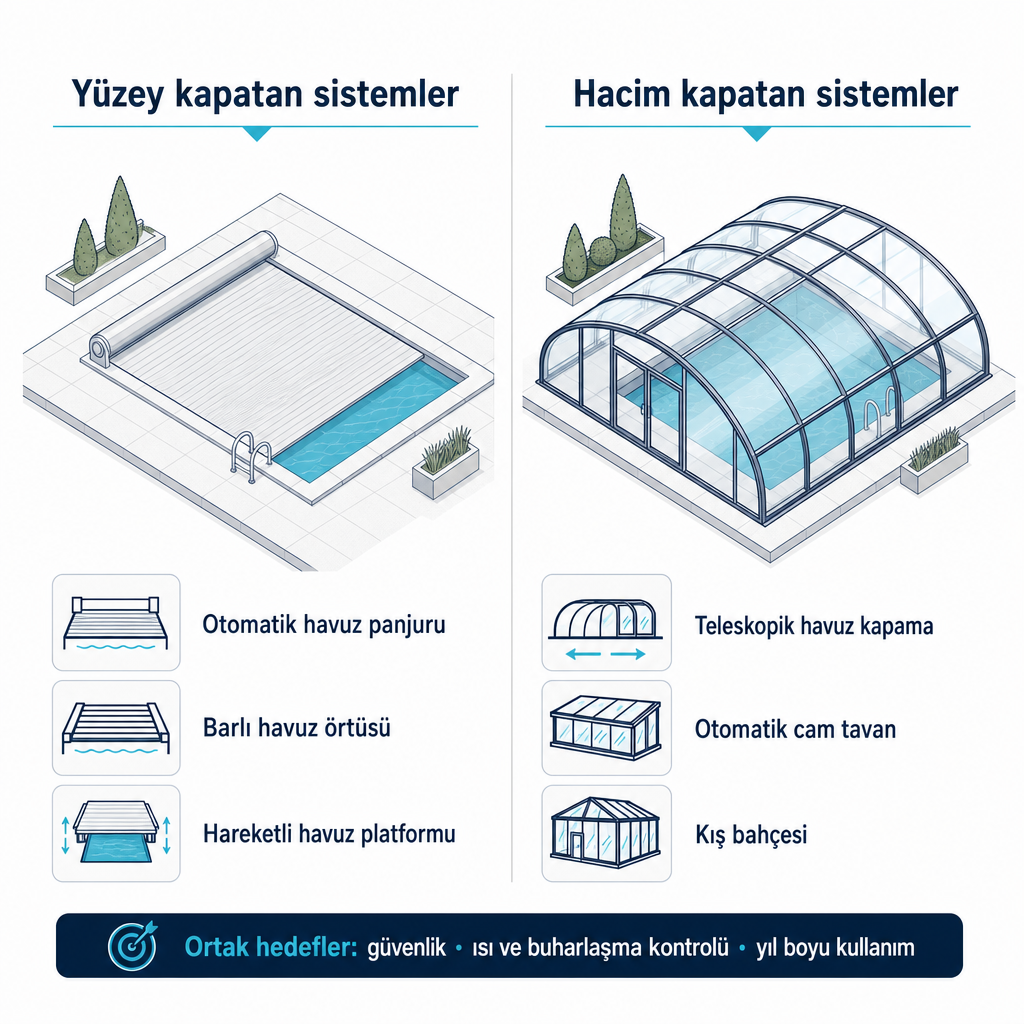 Havuz kapama sistemlerini yüzey kapatan ve hacim kapatan olarak iki sütunda karşılaştıran kavramsal şema