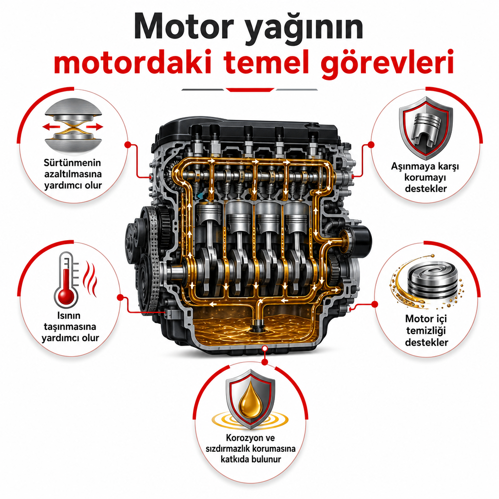 Motor yağının sürtünme, aşınma, ısı, temizlik ve koruma üzerindeki temel işlevlerini gösteren motor diyagramı