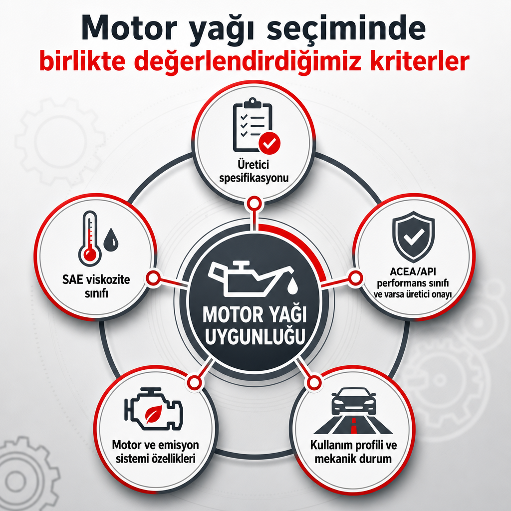 Doğru motor yağı seçiminde üretici şartları, viskozite, performans sınıfı, motor yapısı ve kullanım profilinin birlikte değerlendirildiğini gösteren infografik