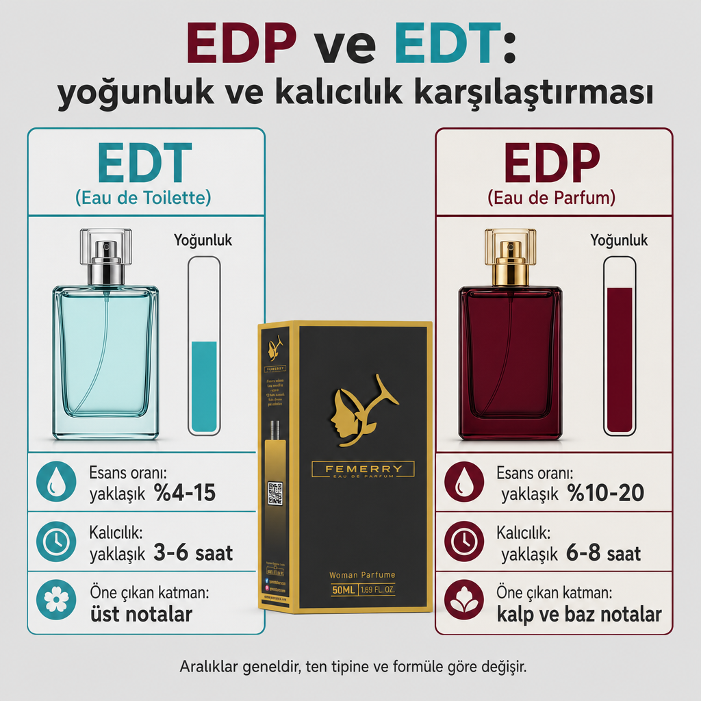 EDT ve EDP formüllerinin esans oranı, kalıcılık süresi ve öne çıkan nota katmanını karşılaştıran iki sütunlu konsept görsel.