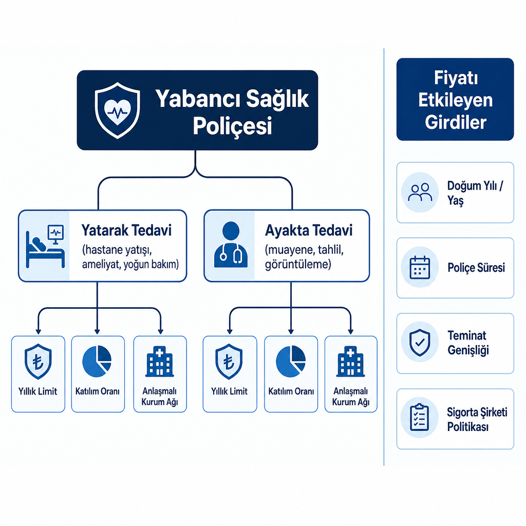 Yabancı sağlık poliçesinin yatarak ve ayakta tedavi teminatlarını, limit ve katılım oranı kavramlarını ve fiyatı etkileyen girdileri gösteren kavram şeması