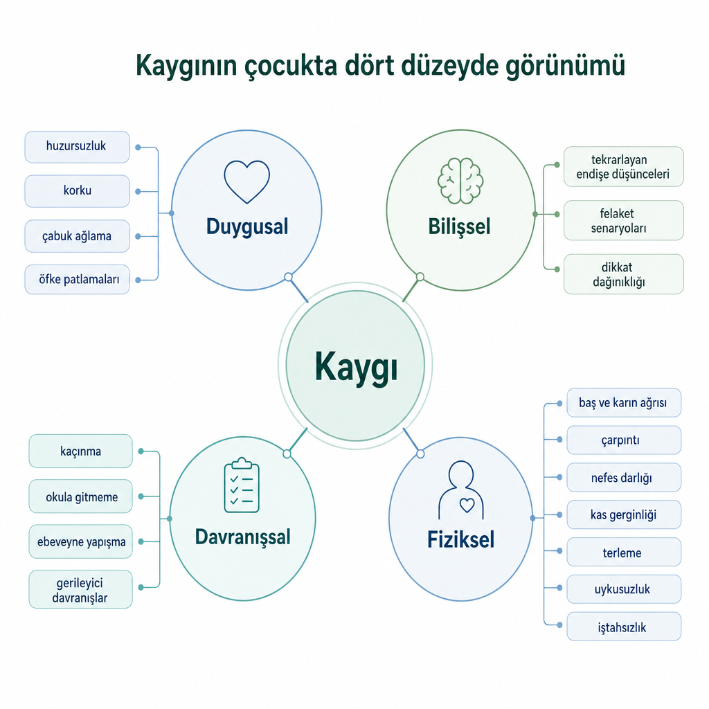 Kaygının merkezde yer aldığı ve duygusal, bilişsel, davranışsal, fiziksel olmak üzere dört belirti grubuna ayrıldığı kavramsal diyagram.