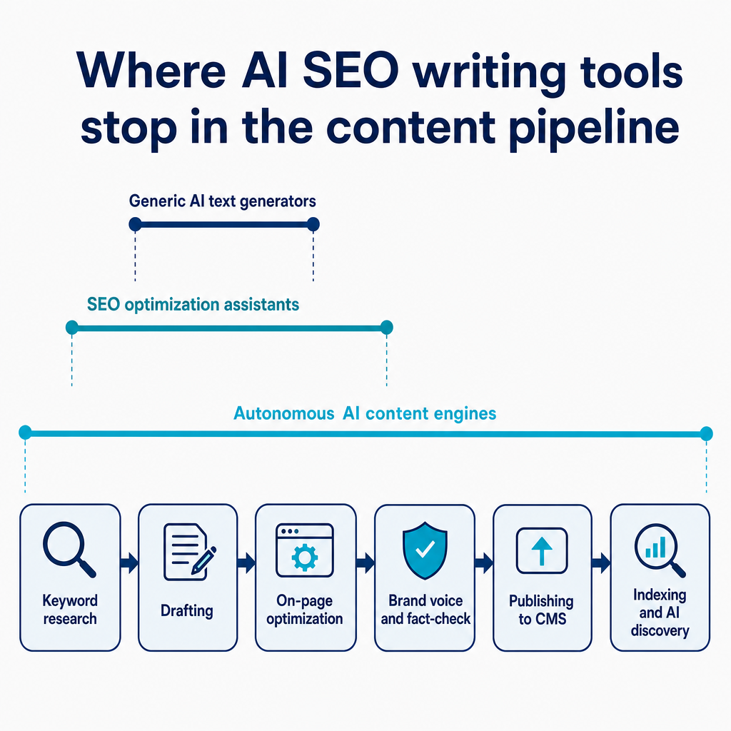 Diagrama de una canalización de contenido de seis etapas que muestra que los generadores genéricos de IA solo cubren la redacción, los asistentes SEO cubren desde la investigación hasta la optimización, y los motores autónomos cubren todas las etapas hasta la indexación.