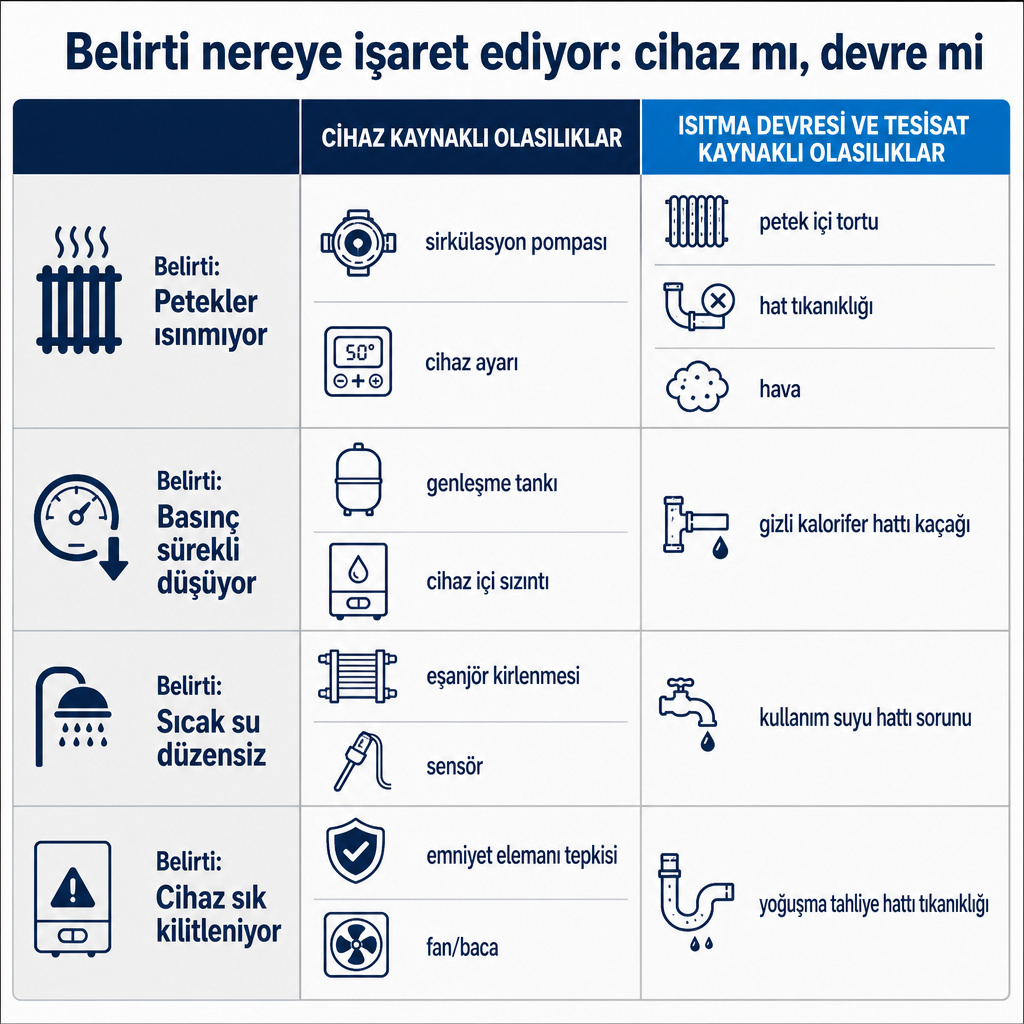 Petek ısınmaması, basınç düşmesi, düzensiz sıcak su ve sık kilitlenme belirtilerinin cihaz kaynaklı mı yoksa tesisat kaynaklı mı olabileceğini gösteren karşılaştırma tablosu