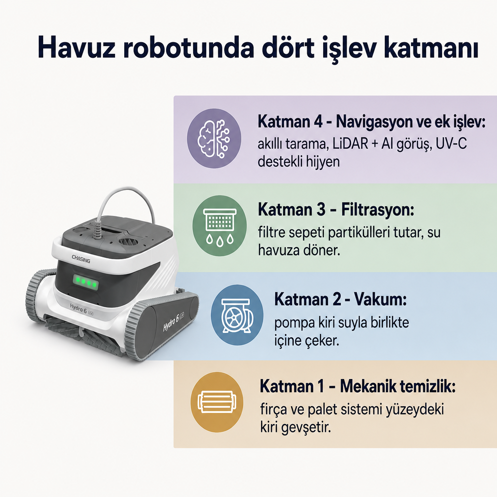 Havuz robotunun mekanik temizlik, vakum, filtrasyon ve navigasyon katmanlarını gösteren şema
