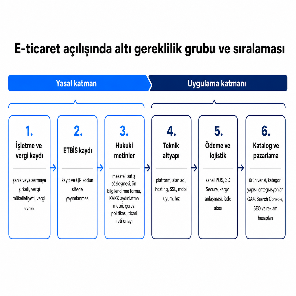 E-ticaret açılışı öncesi altı gereklilik grubunu yasal katman ve uygulama katmanı olarak ayıran akış şeması
