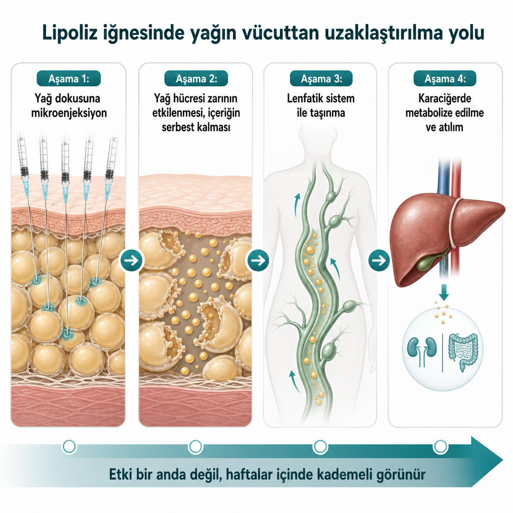 Lipoliz iğnesinde yağ hücresinden serbest kalan yağın lenfatik sistem ve karaciğer üzerinden vücuttan uzaklaştırılmasını gösteren şema
