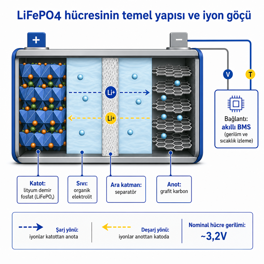 Katot, anot, separatör, elektrolit ve BMS bağlantısını gösteren LiFePO4 hücre kesit şeması
