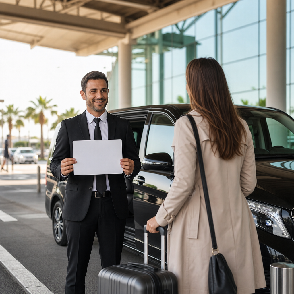 Transfer driver greeting a passenger with a name sign in the airport arrivals area, along with a premium vehicle
