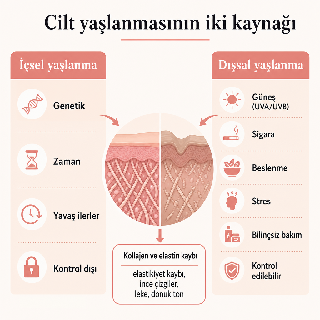 İçsel ve dışsal cilt yaşlanmasını karşılaştıran, ortada kollajen kaybını gösteren kavramsal şema