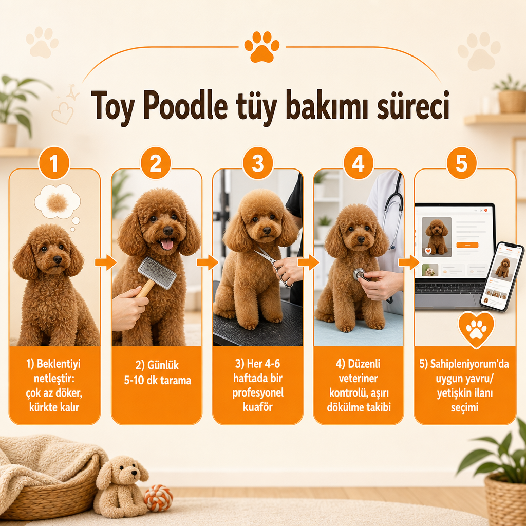 Toy Poodle tüy bakımının beş adımlı süreç şeması: beklenti, tarama, kuaför, veteriner ve ilan seçimi