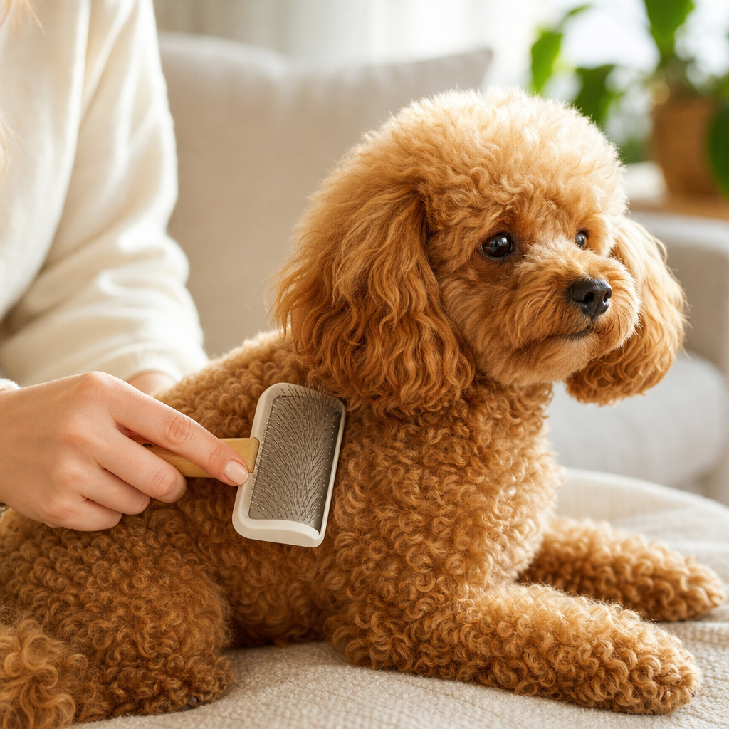 Ev ortamında kıvırcık tüylü bir Toy Poodle'ın fırçayla taranması