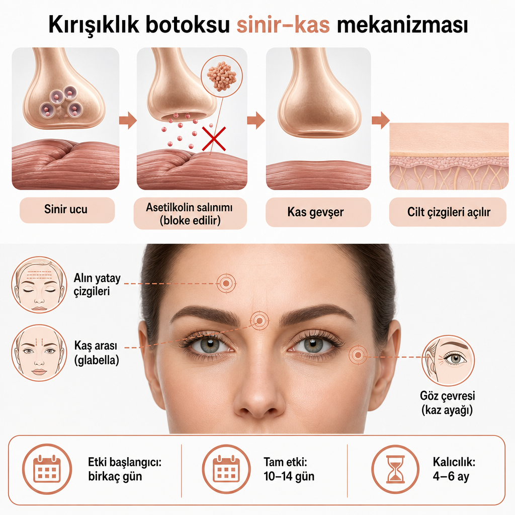 Botulinum toksininin sinir ile kas arasındaki sinyali bloke etmesini ve yüzdeki uygulama bölgelerini gösteren şema.