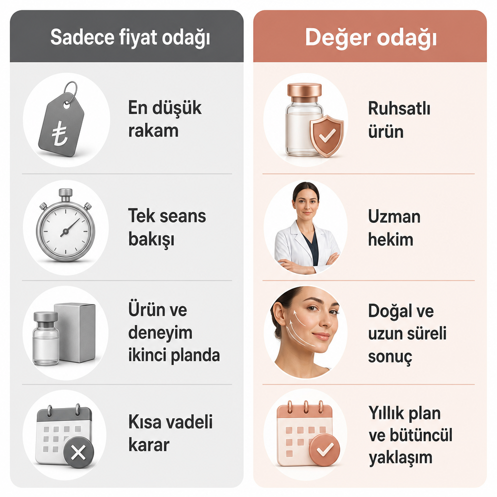 Sadece fiyata odaklanan yaklaşım ile değere odaklanan yaklaşımı karşılaştıran iki sütunlu görsel.