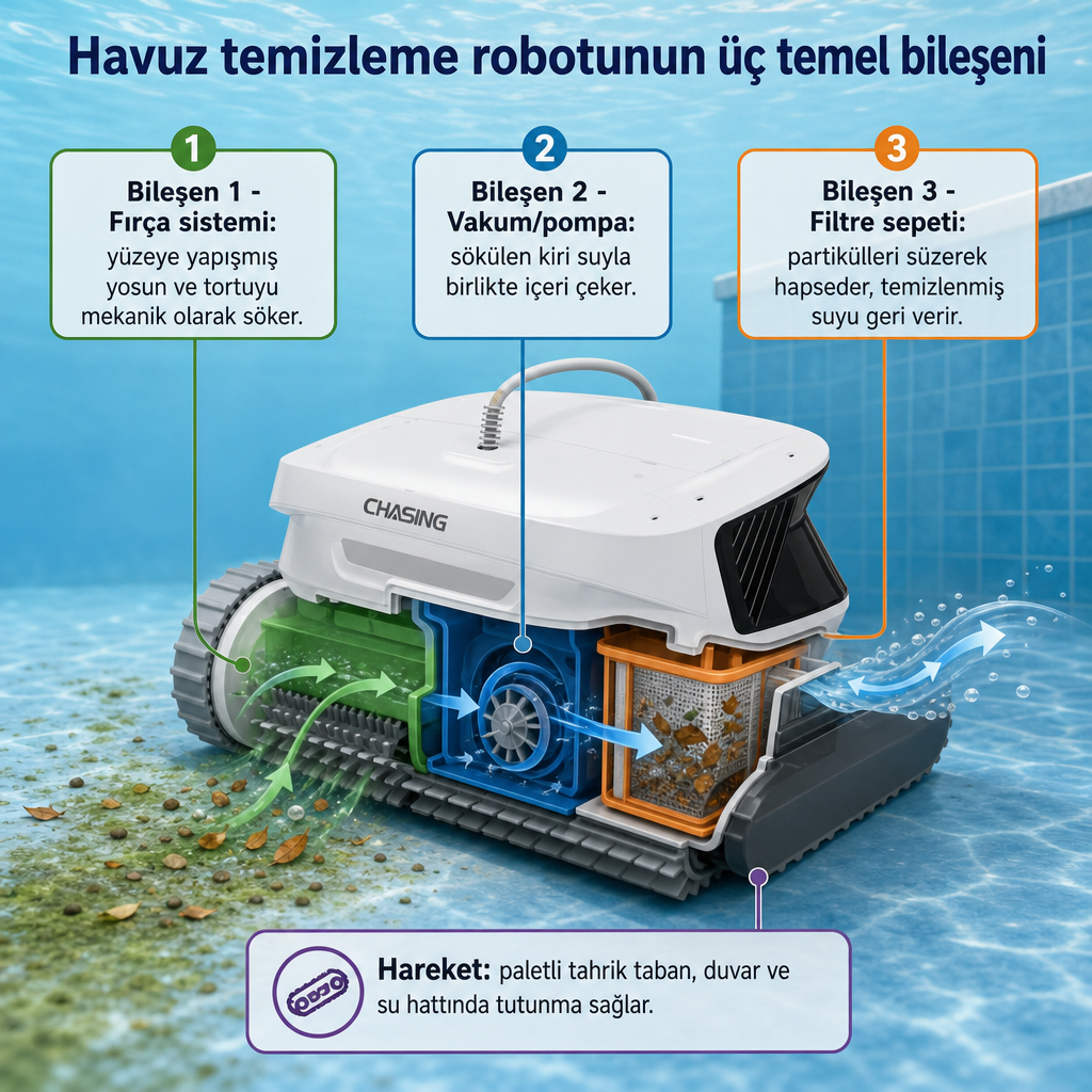 Fırça, vakum-pompa ve filtre sepeti bileşenlerini gösteren havuz robotu kesit diyagramı.