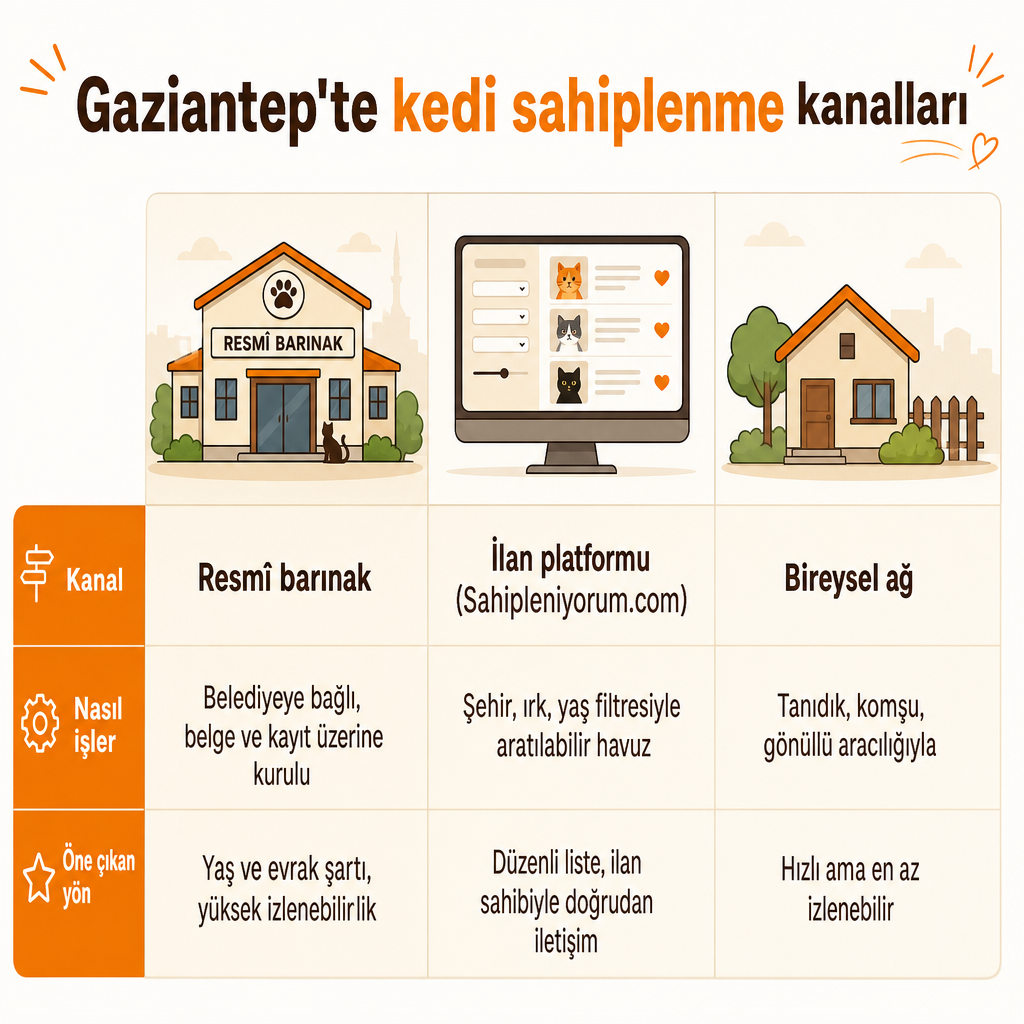 Gaziantep'te kedi sahiplenme kanallarını karşılaştıran üç sütunlu kavramsal görsel