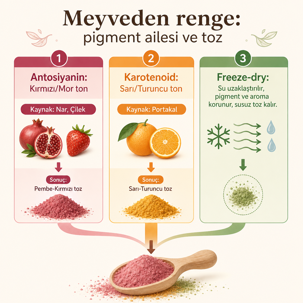 Antosiyanin ve karotenoid pigment ailelerinin meyve tozlarında hangi renk tonlarını verdiğini gösteren kavramsal diyagram.