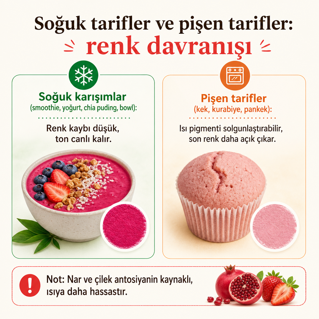 Soğuk karışımlarda rengin canlı kaldığını, pişen tariflerde ise pigmentin solabildiğini gösteren karşılaştırmalı görsel.