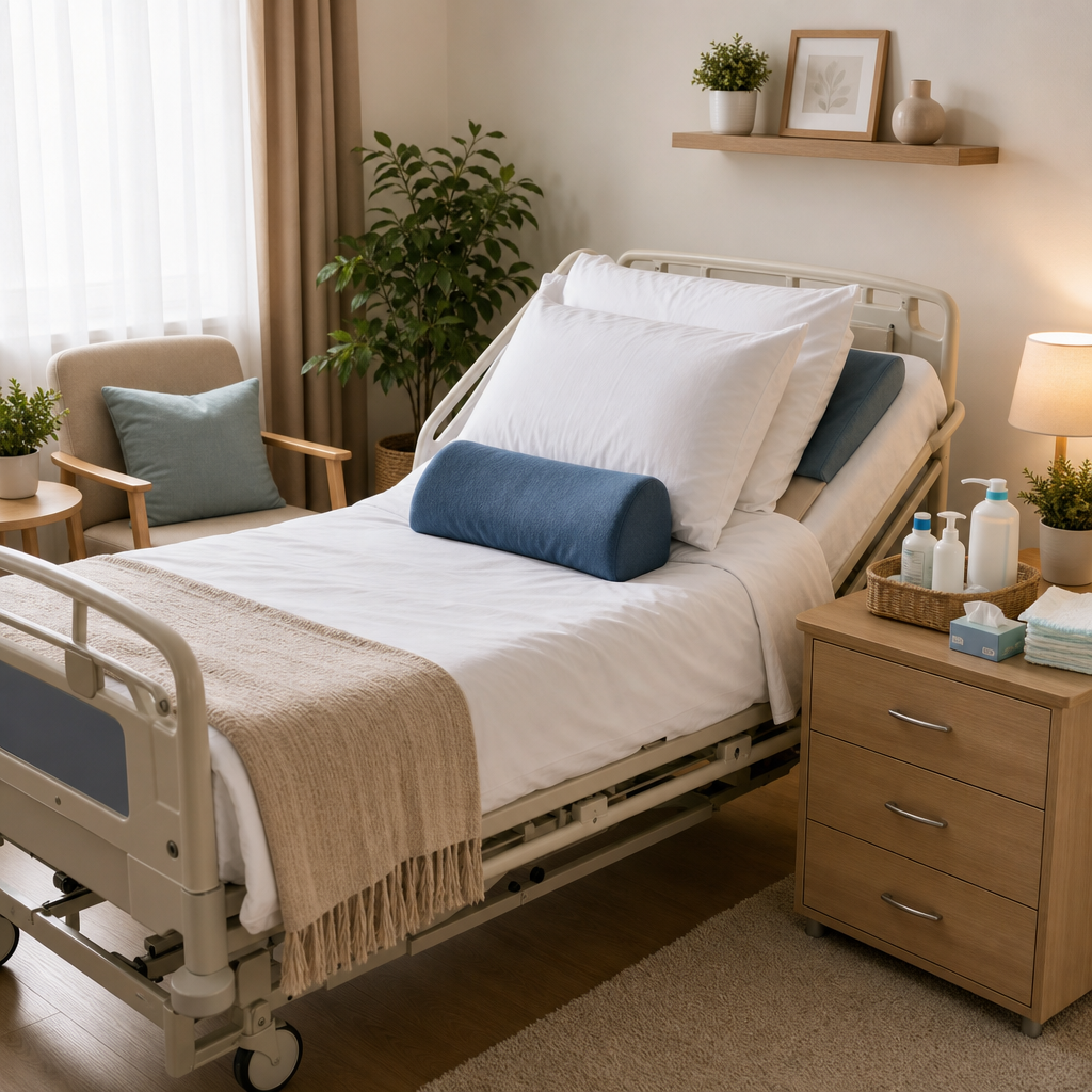 Une chambre bien préparée pour un patient alité et des coussins de soutien