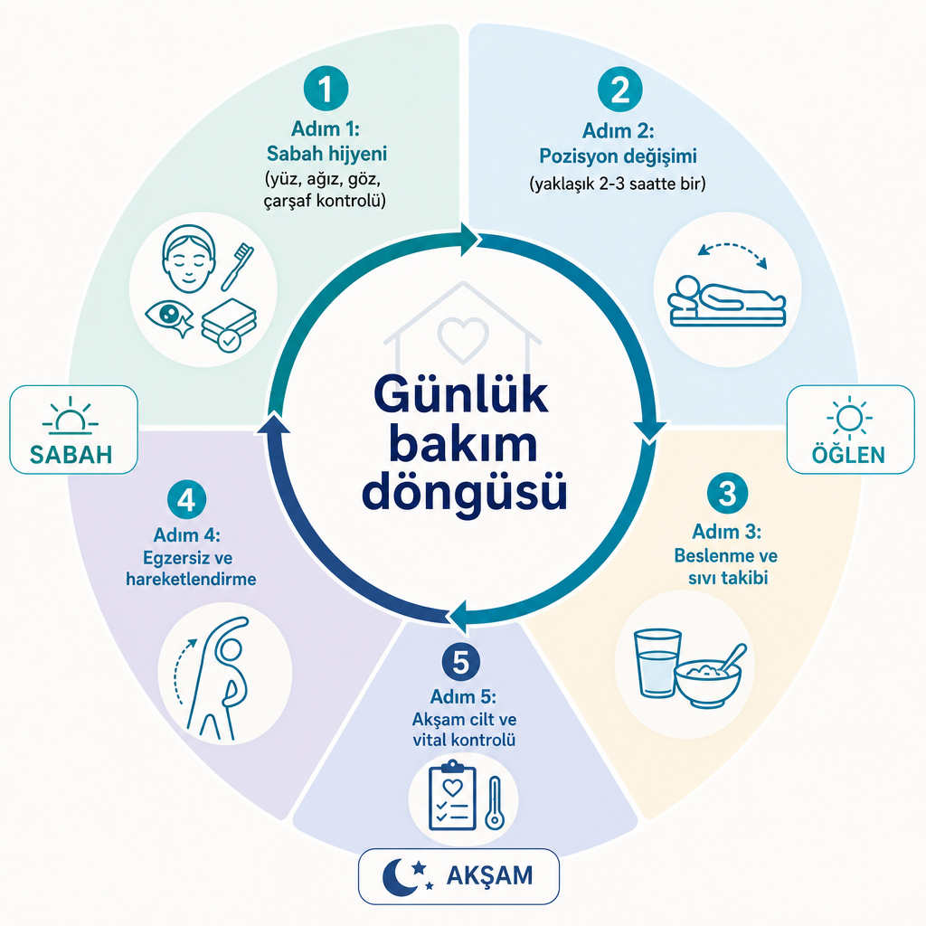 Diagramme du cycle de soins quotidiens du matin au soir d'un patient alité