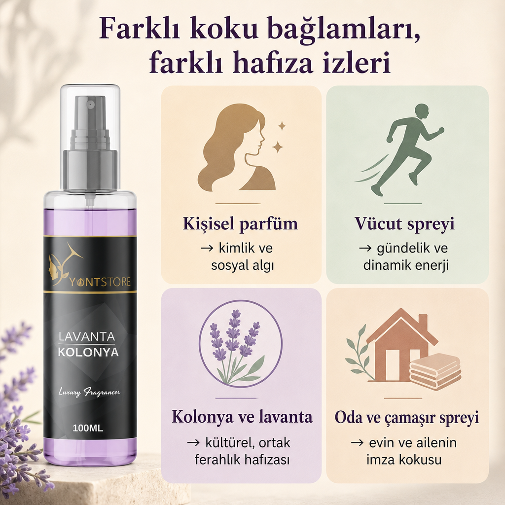 Kişisel parfüm, vücut spreyi, kolonya ve oda spreyinin farklı koku hafızası izlerini gösteren kavramsal karşılaştırma görseli
