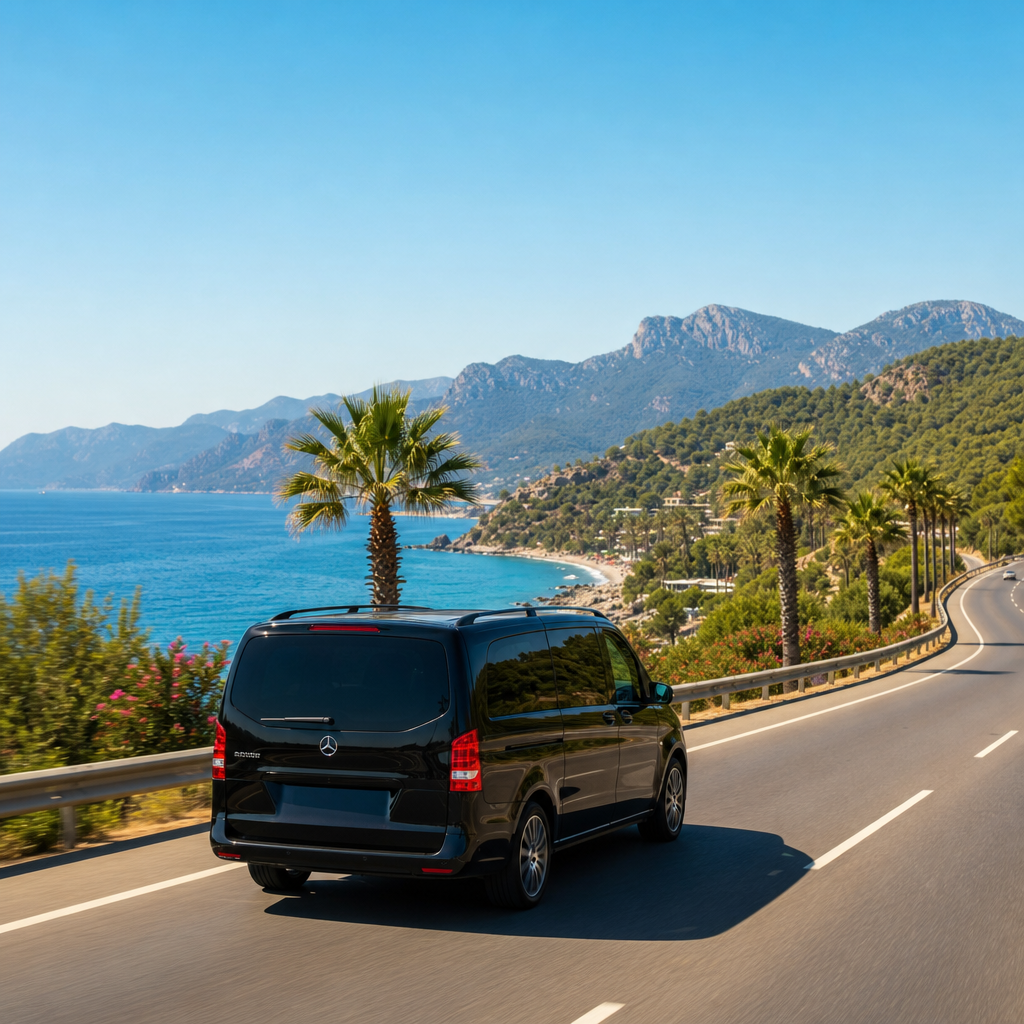 Luxus-Transfer-Minibus, der auf der Küstenstraße in der Region Antalya in Richtung Side fährt